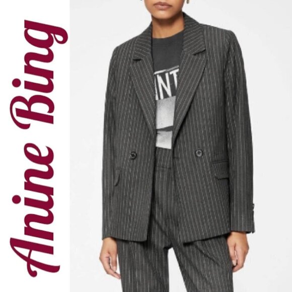 ANINE BING Becky Gray Pinstriped Blazer Double Breasted Menswear, Size 6 - Picture 3 of 15